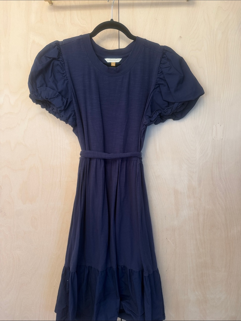 DownEast Navy Puff-Sleeve Midi Dress with Self Tie